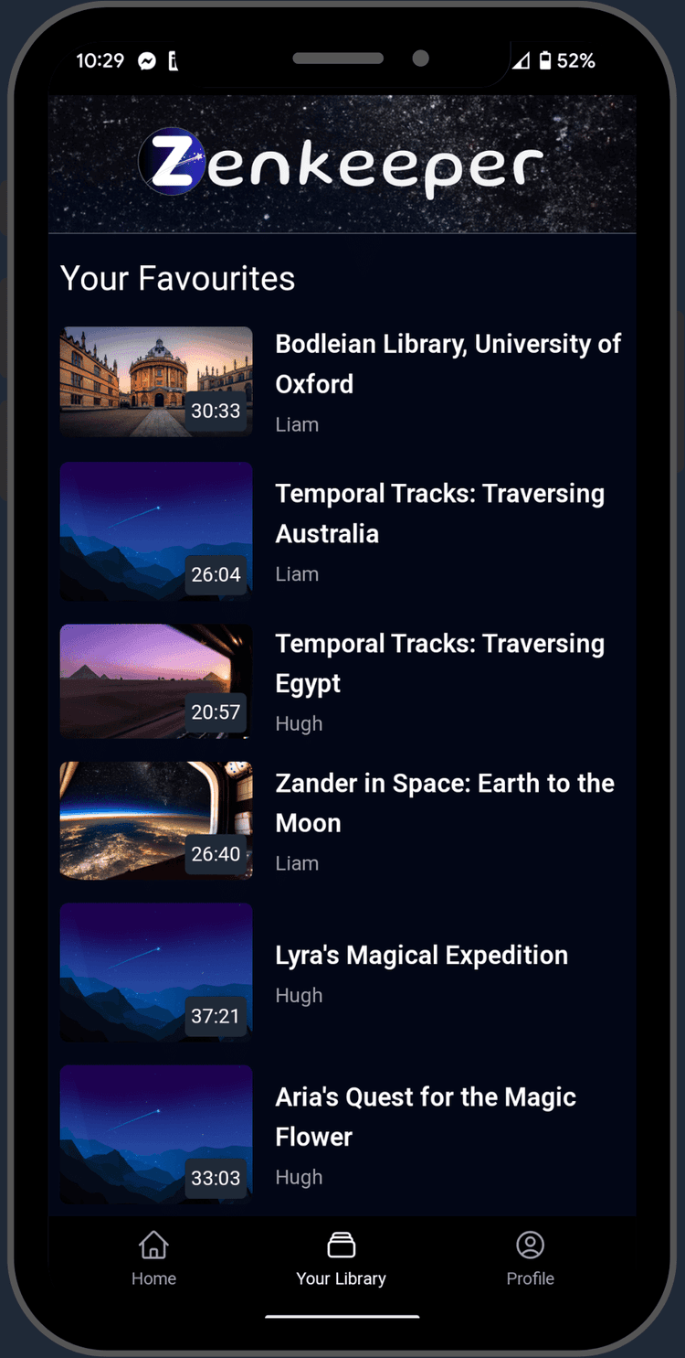 Screenshot of a user's Favourites in the Zenkeeper Sleep Stories App