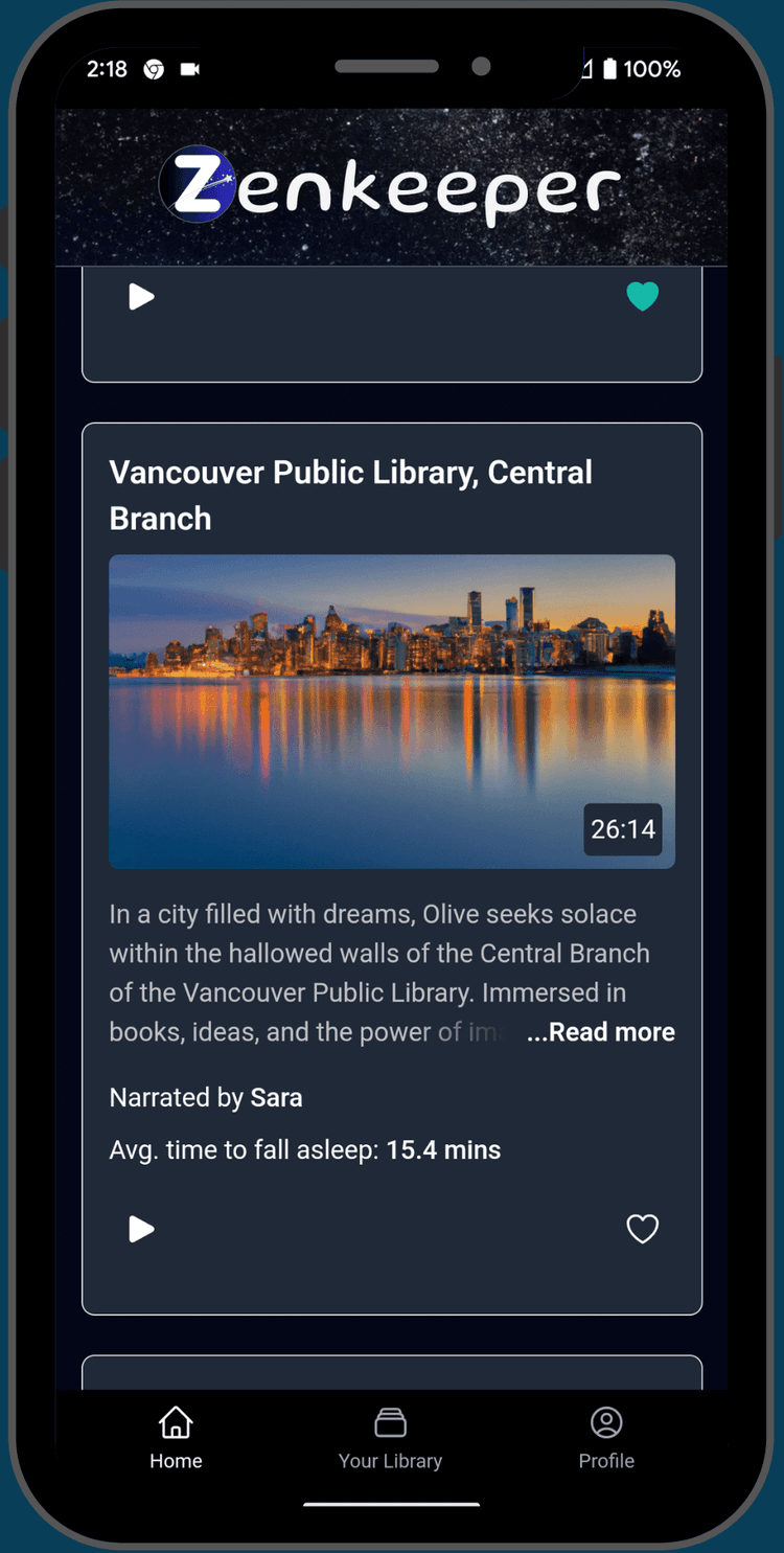 Screenshot of 'Vancouver Public Library, Central Branch' sleep story card in the app