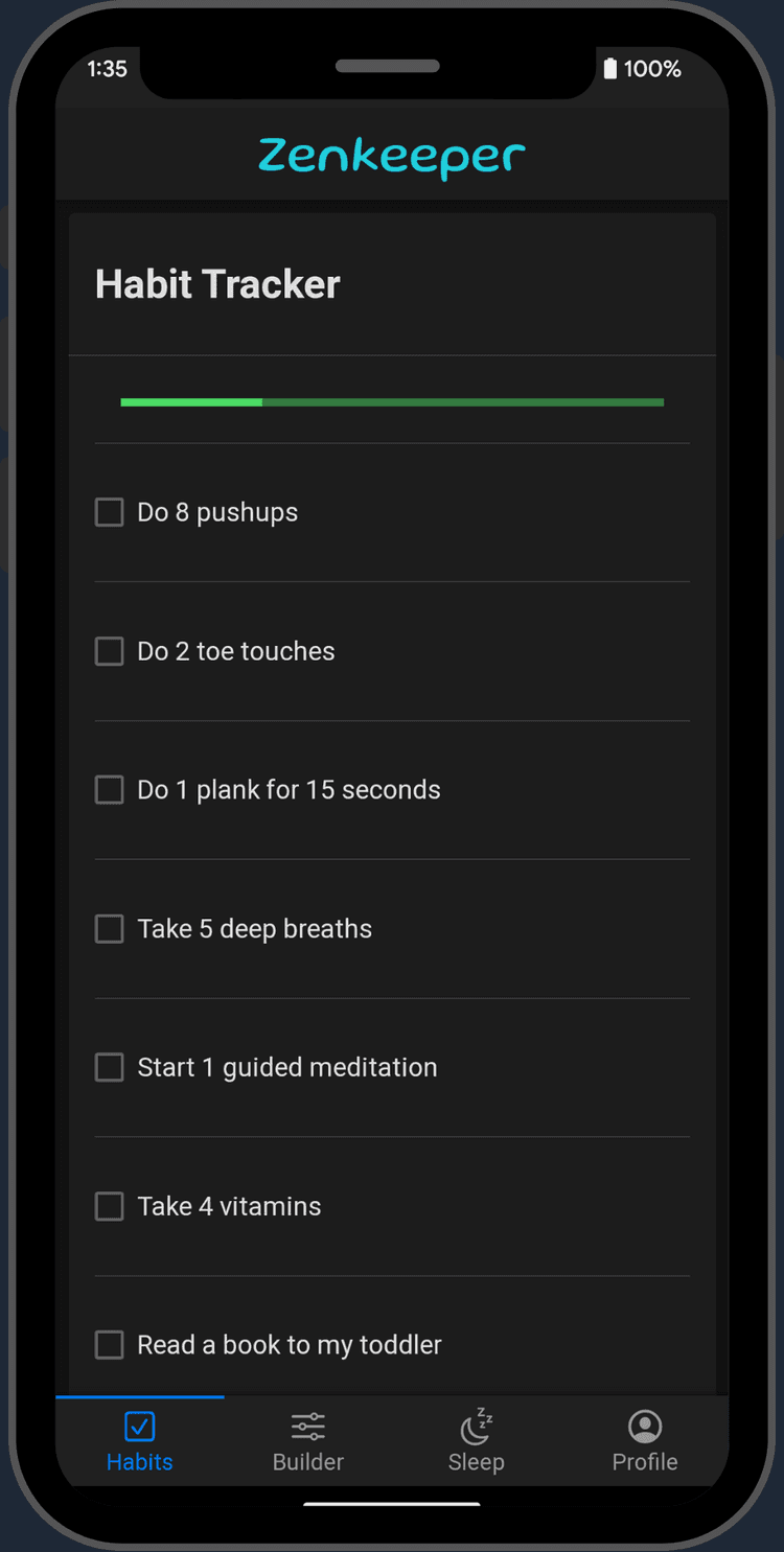 Screenshot of a member's habits in the Zenkeeper habit tracker app
