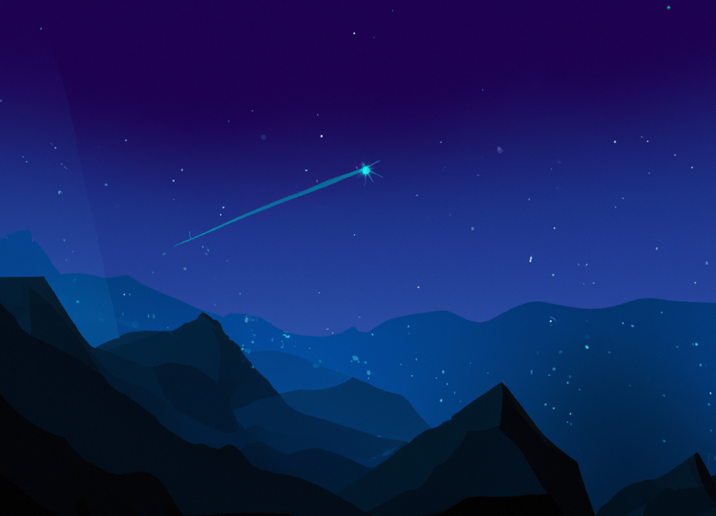 Mountains and a starry night sky with a shooting star